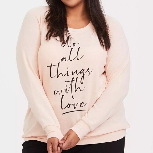 TORRID 1 Plus Size With Love Light Pink Hacci Raglan Sweatshirt Graphic Pullover - Picture 1 of 16